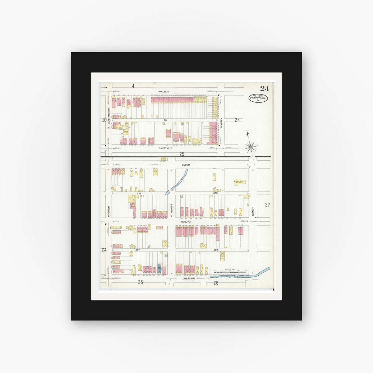 Old map wall art mockup — black gallery frame with white mat — Sanborn Fire Insurance Map from Pottstown, Montgomery County, Pennsylvania (1909), Sheet #0024