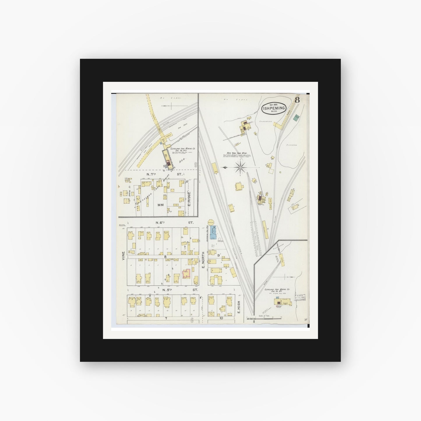 Old map wall art mockup — black gallery frame with white mat — Sanborn Fire Insurance Map from Ishpeming, Marquette County, Michigan (1892), Sheet #0008