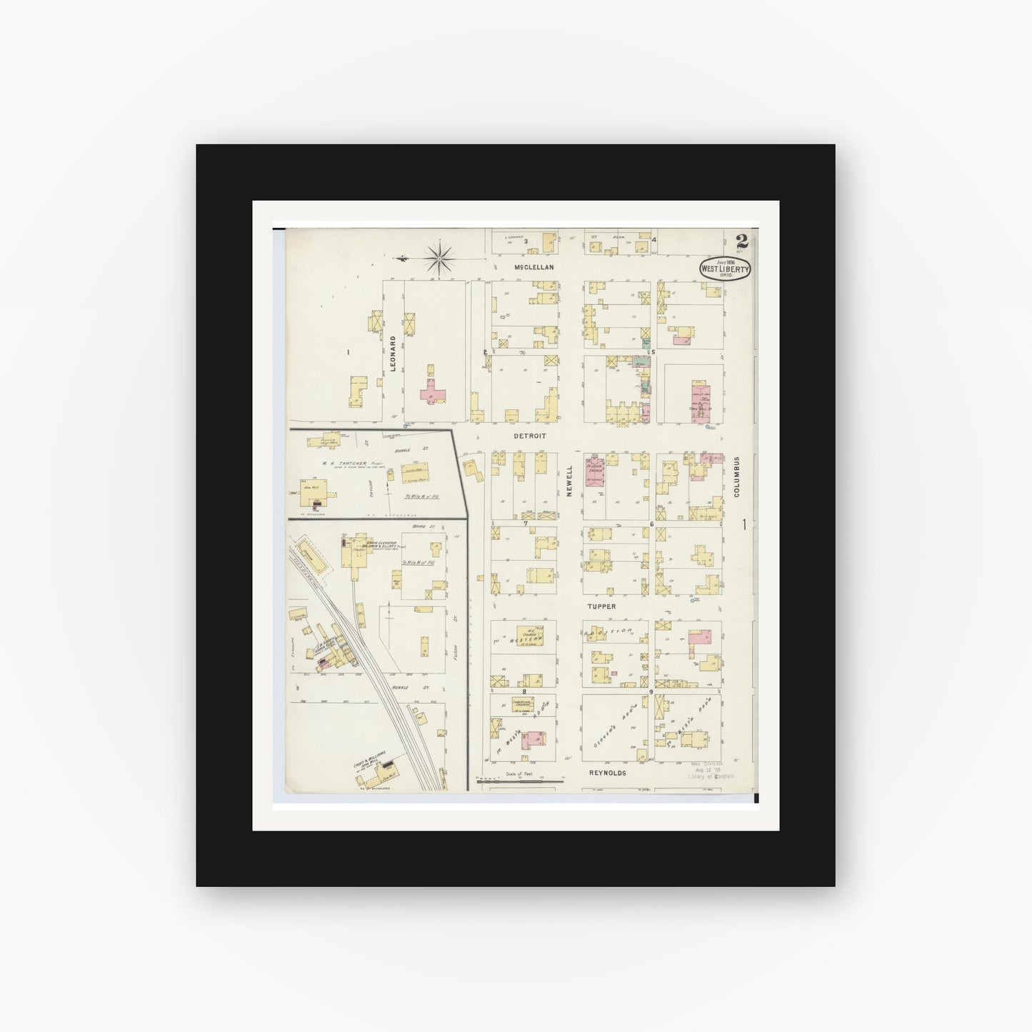 Old map wall art mockup — black gallery frame with white mat — Sanborn Fire Insurance Map from West Liberty, Logan County, Ohio (1896), Sheet #0002
