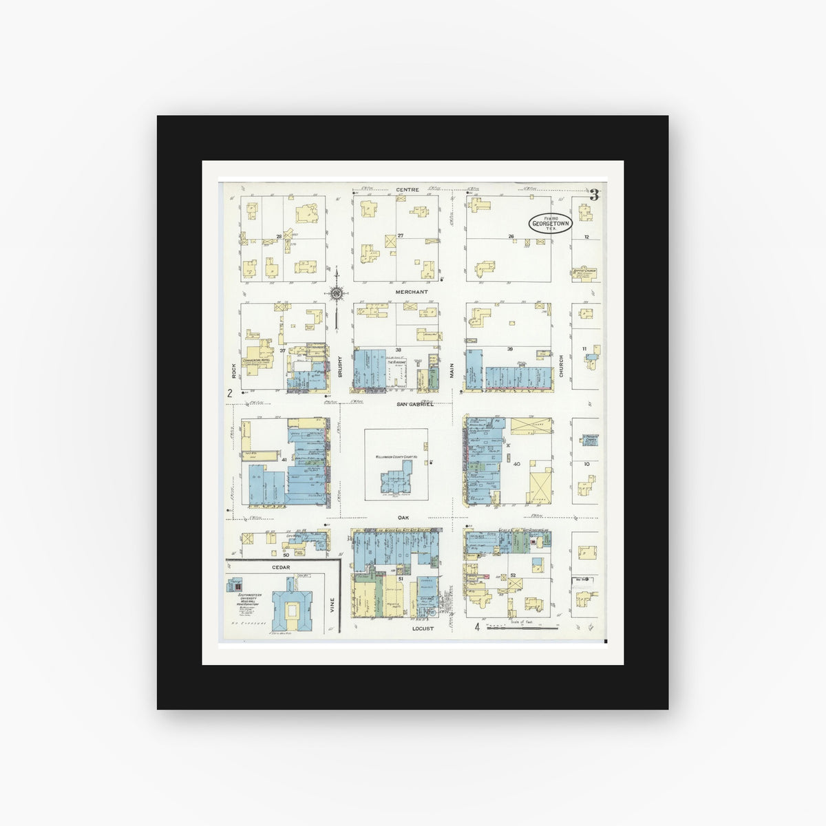 Old map wall art mockup — black gallery frame with white mat — Sanborn Fire Insurance Map from Georgetown, Williamson County, Texas (1910), Sheet #0003