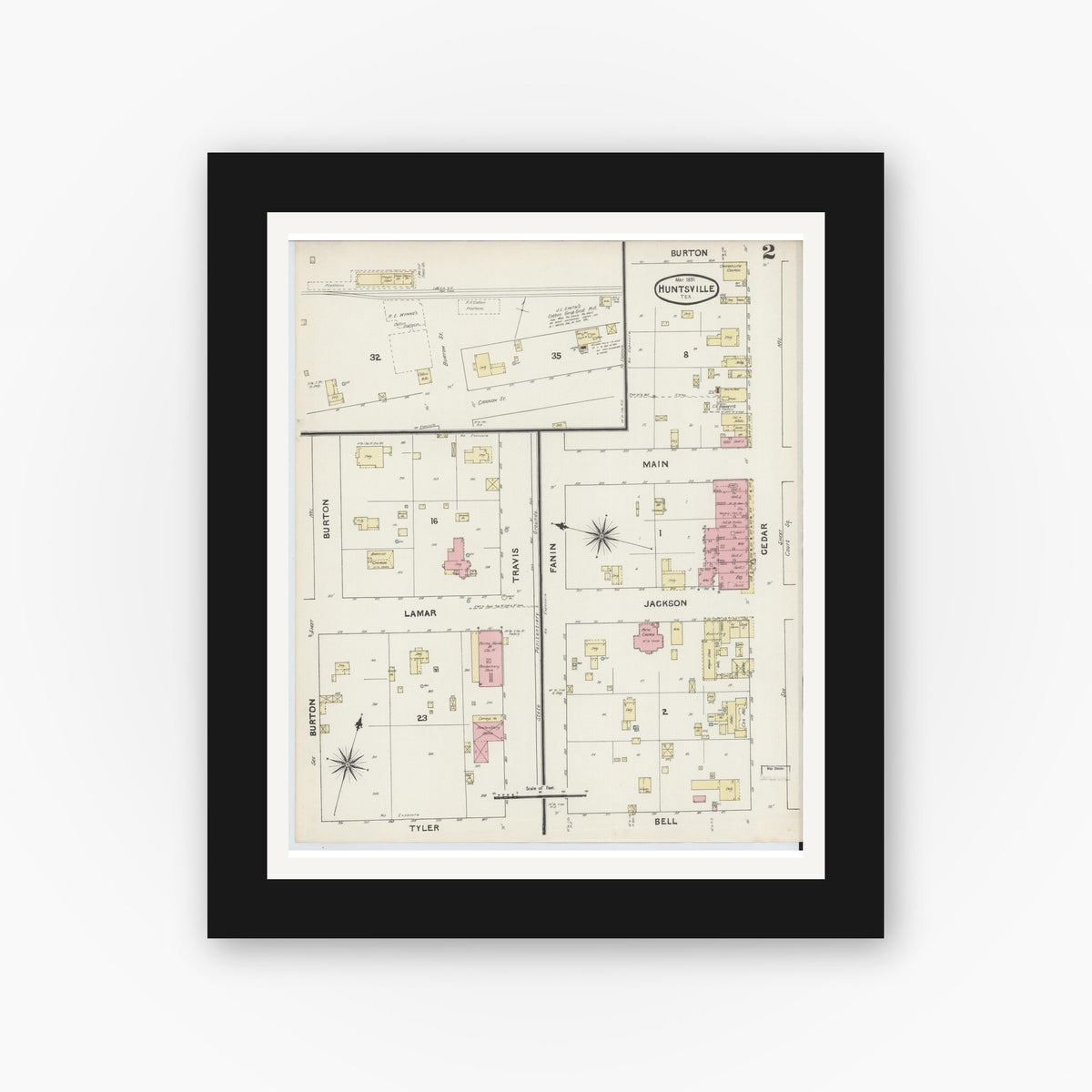 Old map wall art mockup — black gallery frame with white mat — Sanborn Fire Insurance Map from Huntsville, Walker County, Texas (1891), Sheet #0002