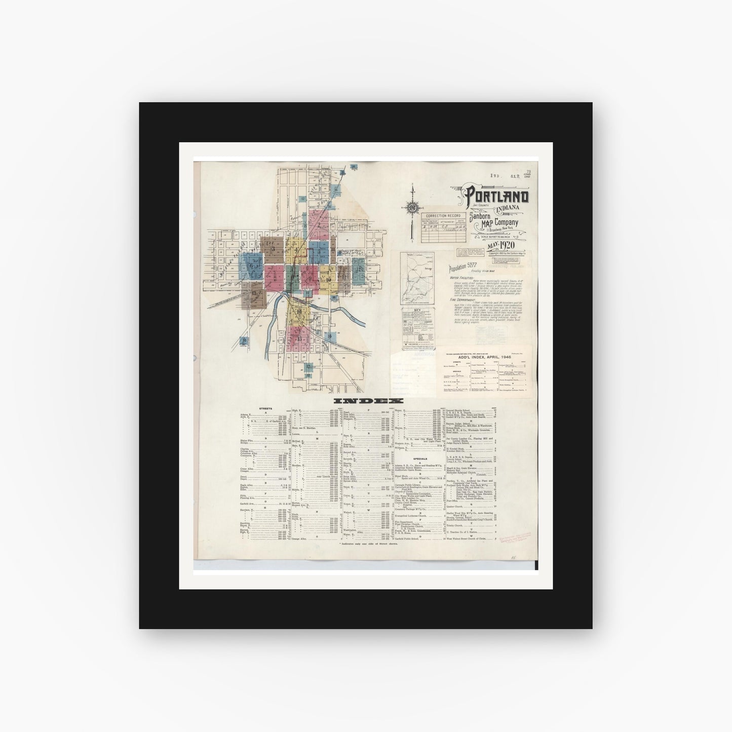 Old map wall art mockup — black gallery frame with white mat — Sanborn Fire Insurance Map from Portland, Jay County, Indiana (1946) - Complete Map Set