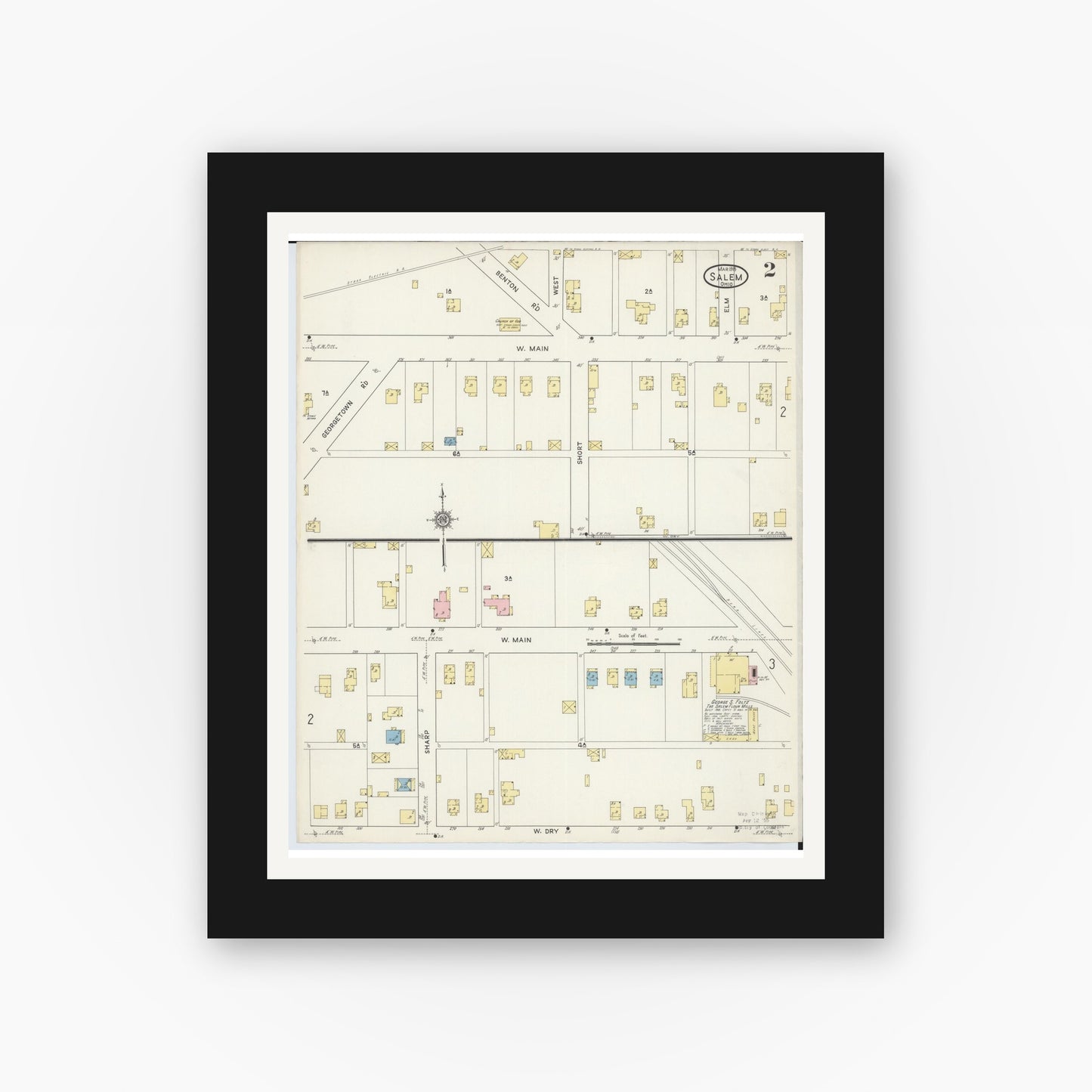 Old map wall art mockup — black gallery frame with white mat — Sanborn Fire Insurance Map from Salem, Columbiana County, Ohio (1915), Sheet #0002