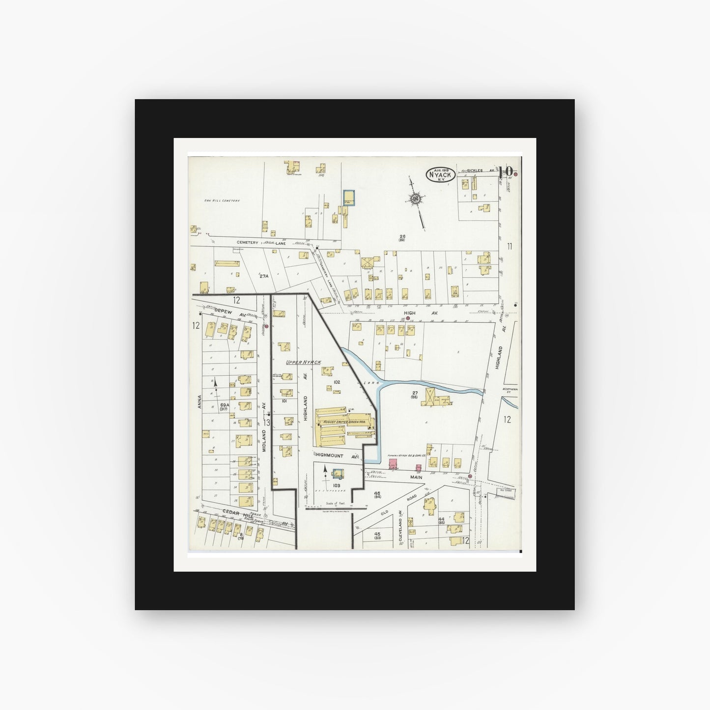 Old map wall art mockup — black gallery frame with white mat — Sanborn Fire Insurance Map from Nyack, Rockland County, New York. (1919), Sheet #0010