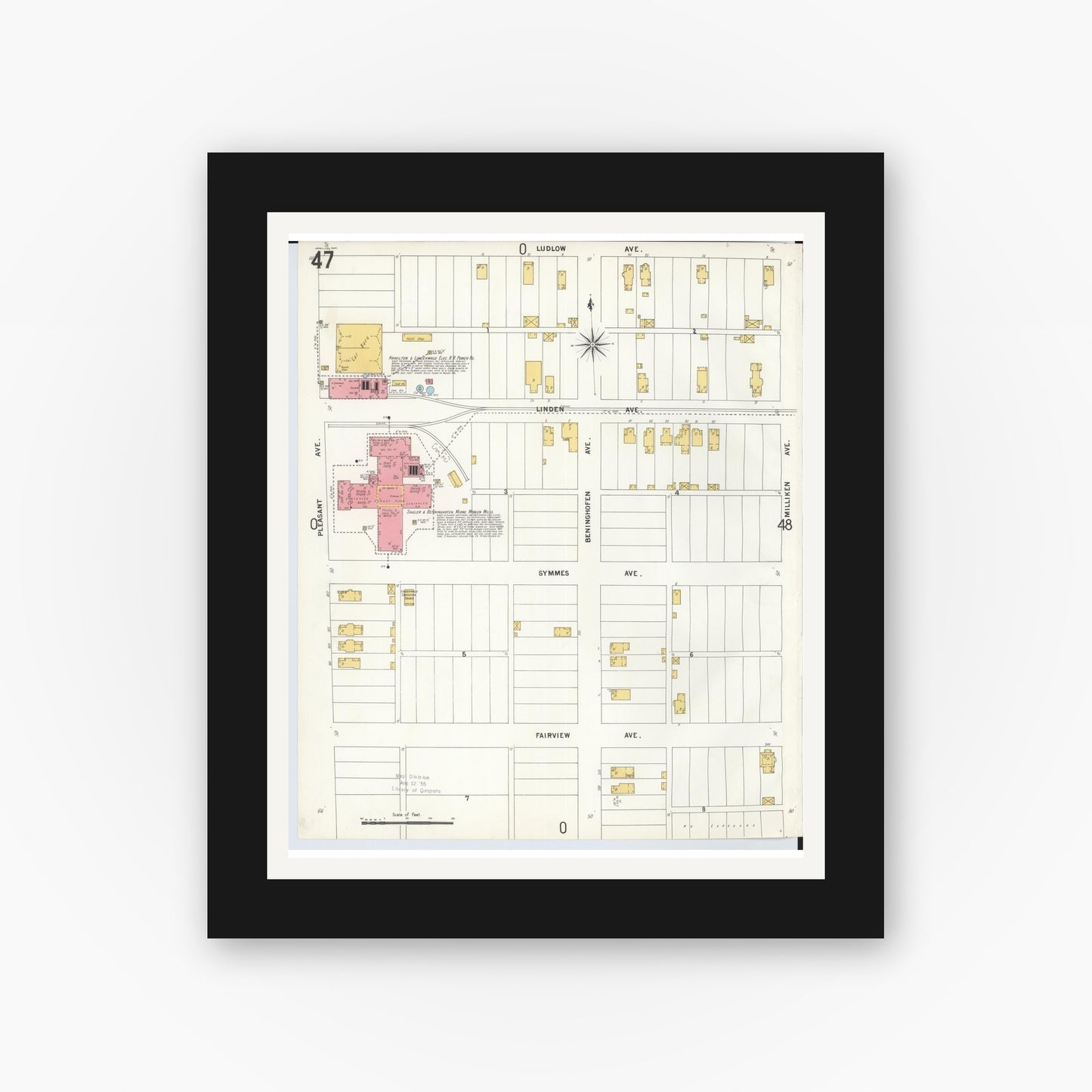 Old map wall art mockup — black gallery frame with white mat — Sanborn Fire Insurance Map from Hamilton, Butler County, Ohio (1899), Sheet #0047