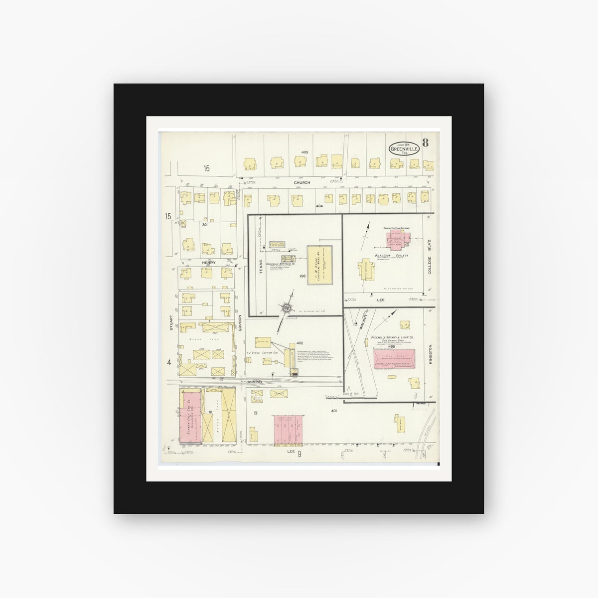 Old map wall art mockup — black gallery frame with white mat — Sanborn Fire Insurance Map from Greenville, Hunt County, Texas (1914), Sheet #0008