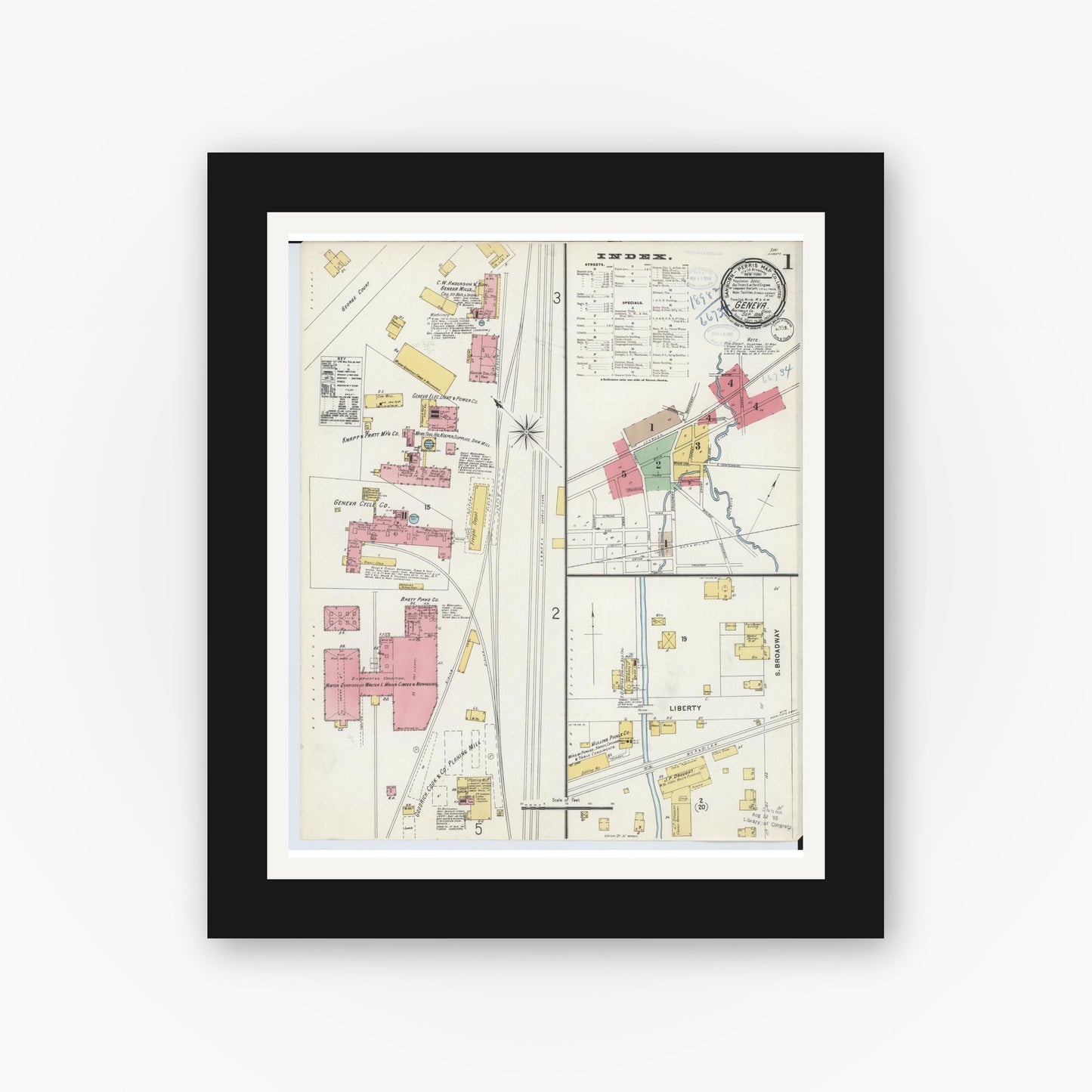 Old map wall art mockup — black gallery frame with white mat — Sanborn Fire Insurance Map from Geneva, Ashtabula County, Ohio (1898) - Complete Map Set