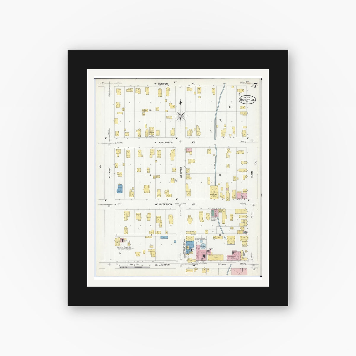 Old map wall art mockup — black gallery frame with white mat — Sanborn Fire Insurance Map from Naperville, Du Page County, Illinois (1909), Sheet #0007