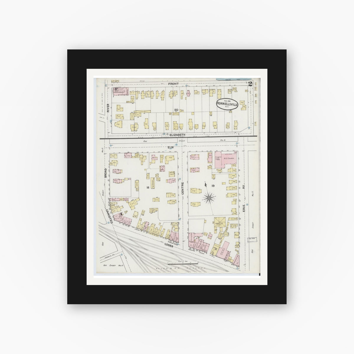 Old map wall art mockup — black gallery frame with white mat — Sanborn Fire Insurance Map from Hornell, Steuben County, New York (1888) - Complete Map Set