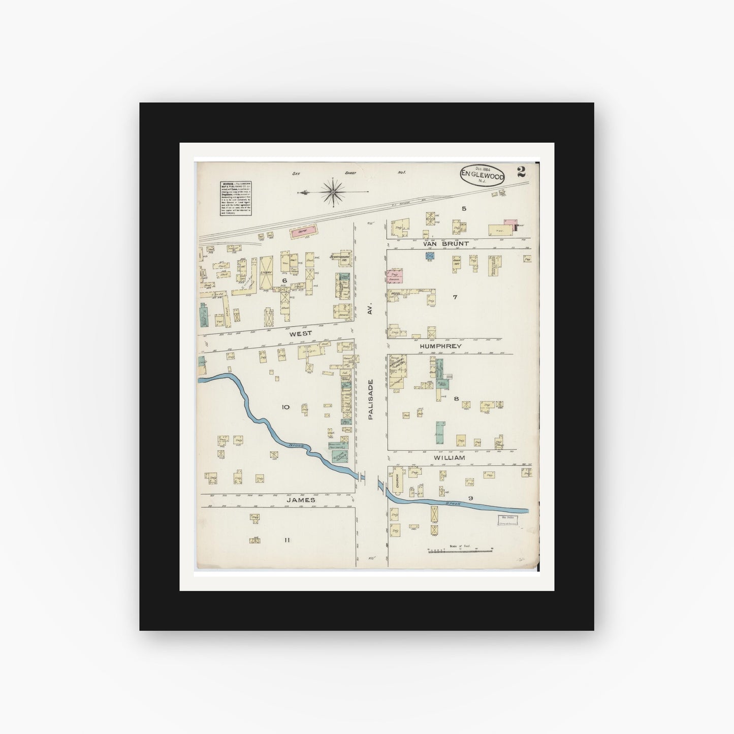 Old map wall art mockup — black gallery frame with white mat — Sanborn Fire Insurance Map from Englewood, Bergen County, New Jersey (1884), Sheet #0002