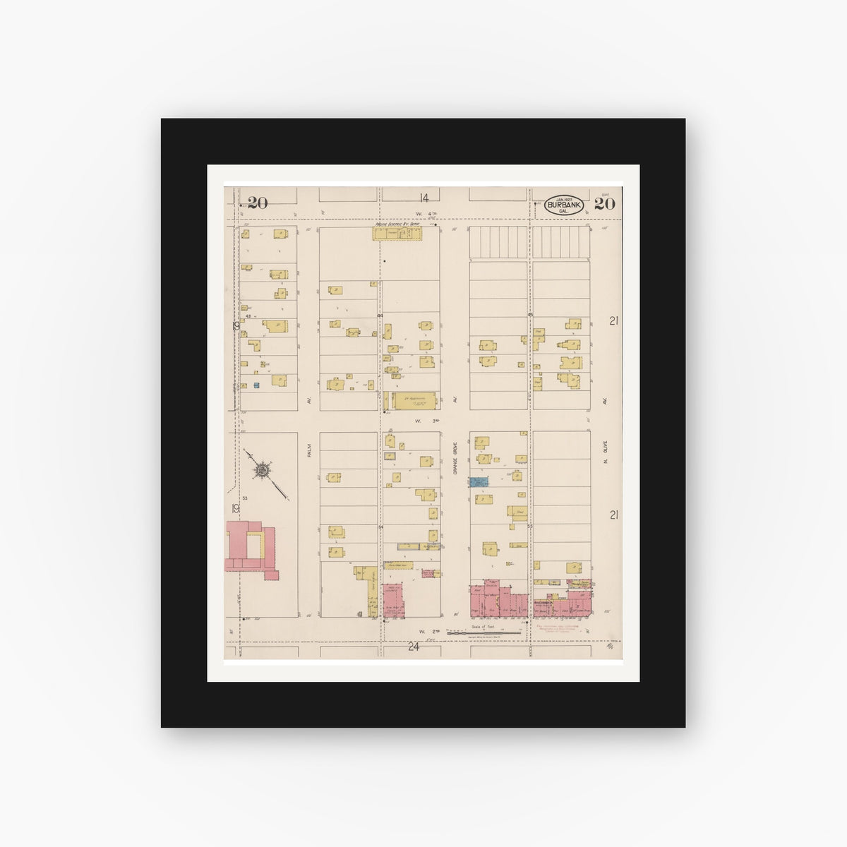 Old map wall art mockup — black gallery frame with white mat — Sanborn Fire Insurance Map from Burbank, Los Angeles County, California (1923), Sheet #0020