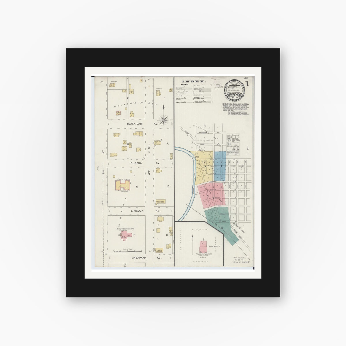 Old map wall art mockup — black gallery frame with white mat — Sanborn Fire Insurance Map from Montevideo, Chippewa County, Minnesota (1893), Sheet #0001