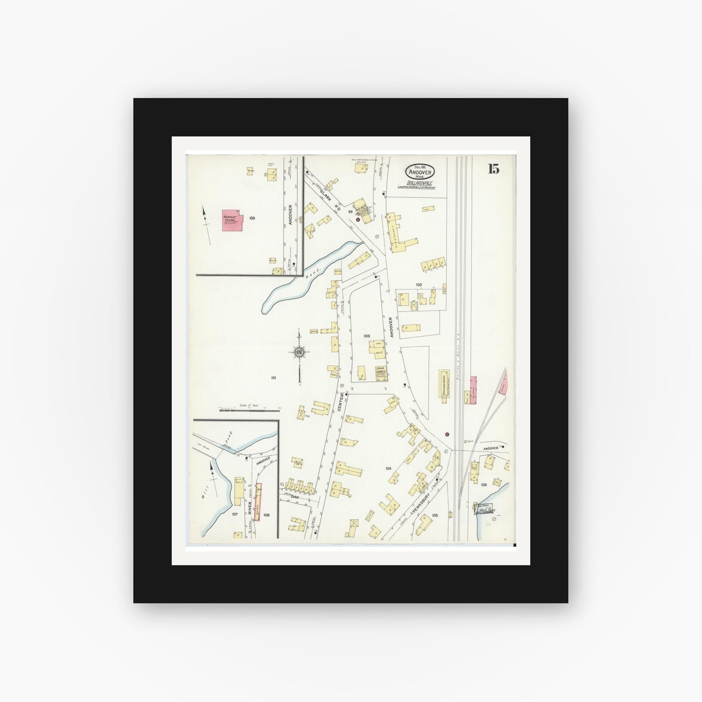 Old map wall art mockup — black gallery frame with white mat — Sanborn Fire Insurance Map from Andover, Essex County, Massachusetts (1911), Sheet #0015