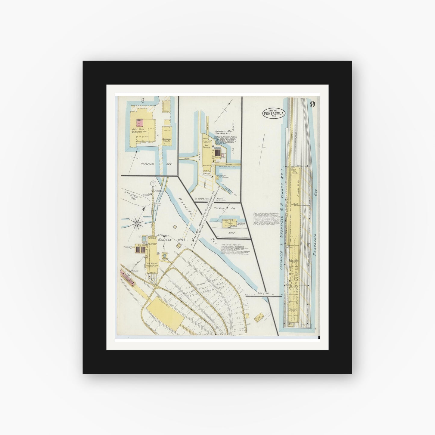 Old map wall art mockup — black gallery frame with white mat — Sanborn Fire Insurance Map from Pensacola, Escambia County, Florida (1897), Sheet #0009