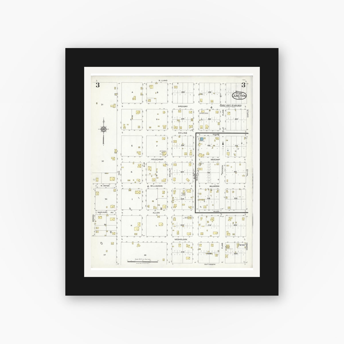 Old map wall art mockup — black gallery frame with white mat — Sanborn Fire Insurance Map from Junction, Kimble County, Texas (1926), Sheet #0003