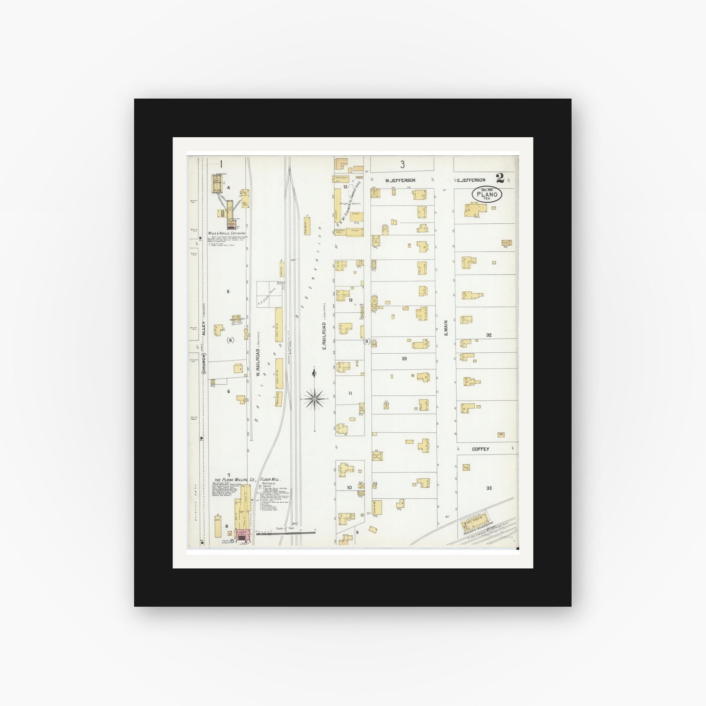 Old map wall art mockup — black gallery frame with white mat — Sanborn Fire Insurance Map from Plano, Collin County, Texas (1901), Sheet #0002