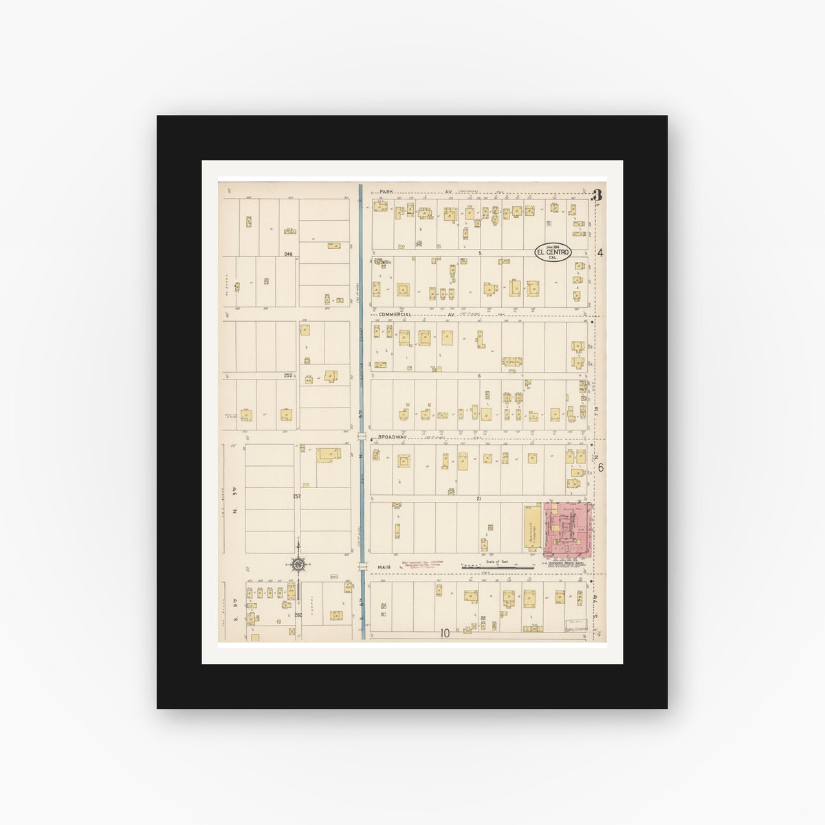 Old map wall art mockup — black gallery frame with white mat — Sanborn Fire Insurance Map from El Centro, Imperial County, California (1914), Sheet #0003