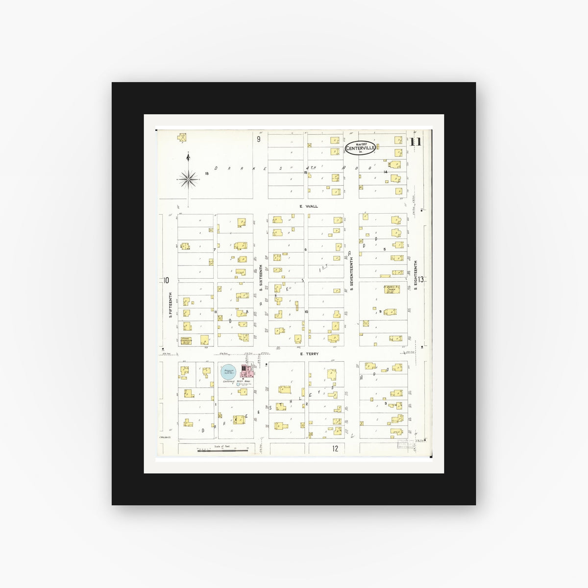 Old map wall art mockup — black gallery frame with white mat — Sanborn Fire Insurance Map from Centerville, Appanoose County, Iowa (1907), Sheet #0011