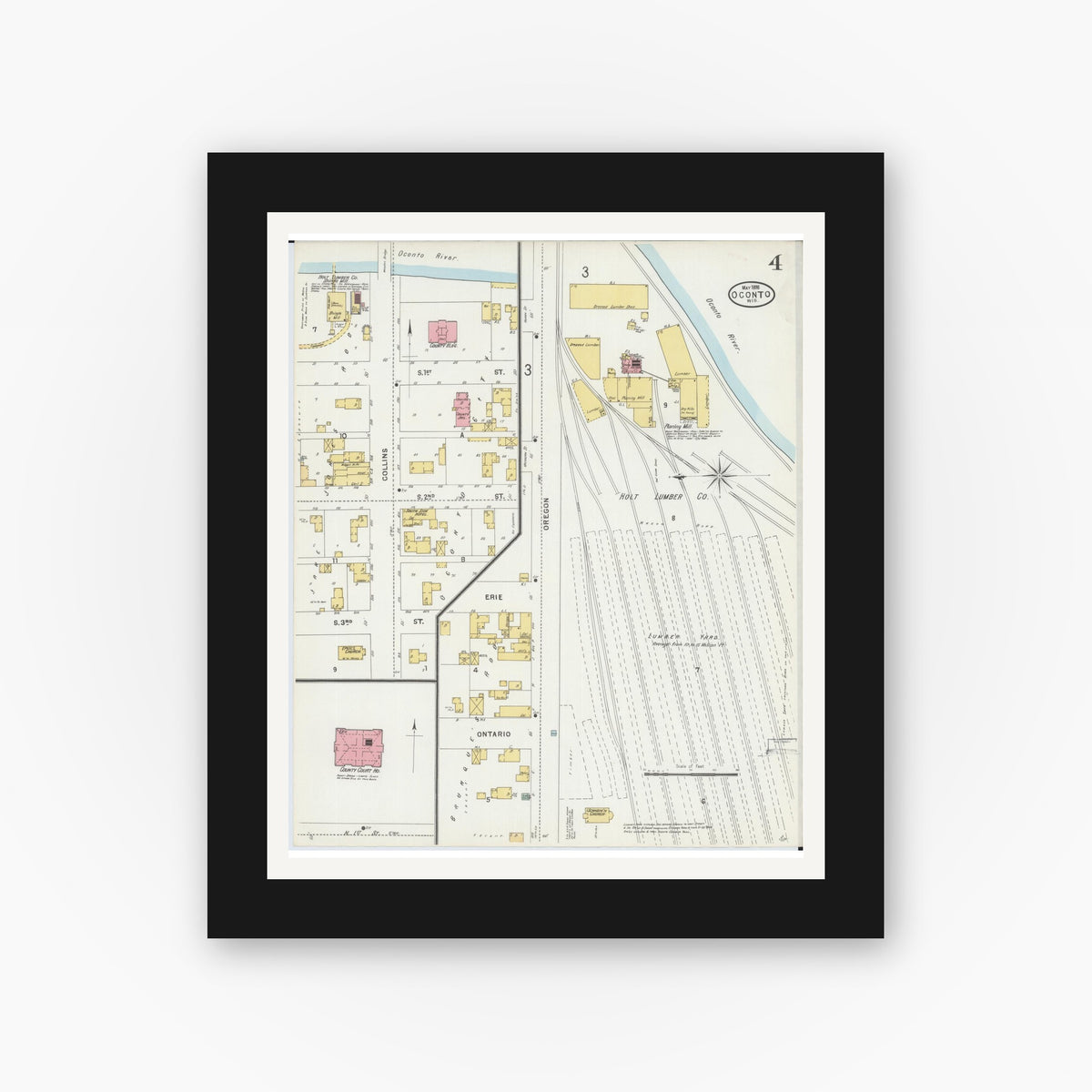 Old map wall art mockup — black gallery frame with white mat — Sanborn Fire Insurance Map from Oconto, Oconto County, Wisconsin (1898), Sheet #0004