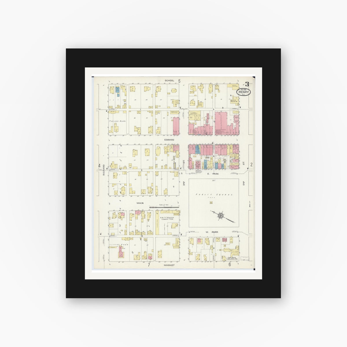 Old map wall art mockup — black gallery frame with white mat — Sanborn Fire Insurance Map from Henry, Marshall County, Illinois (1913), Sheet #0003