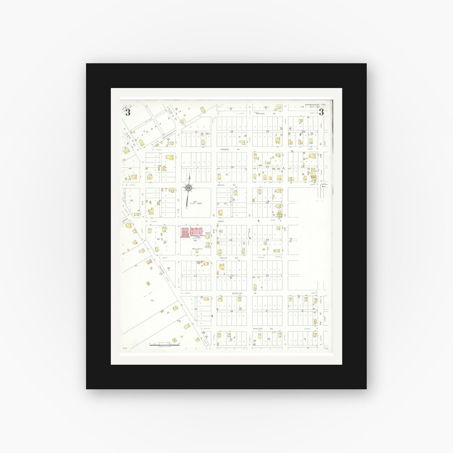 Old map wall art mockup — black gallery frame with white mat — Sanborn Fire Insurance Map from Normangee, Leon County, Texas (1937), Sheet #0003