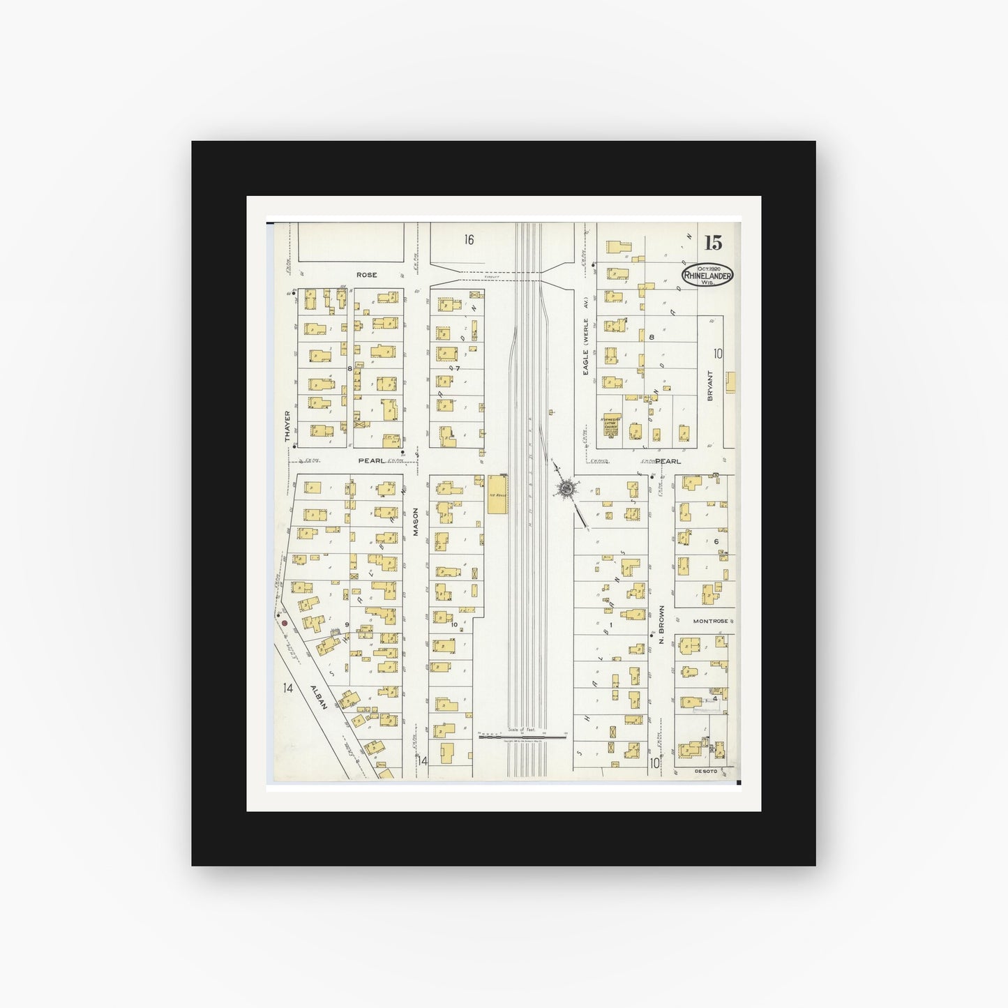 Old map wall art mockup — black gallery frame with white mat — Sanborn Fire Insurance Map from Rhinelander, Oneida County, Wisconsin (1920), Sheet #0015