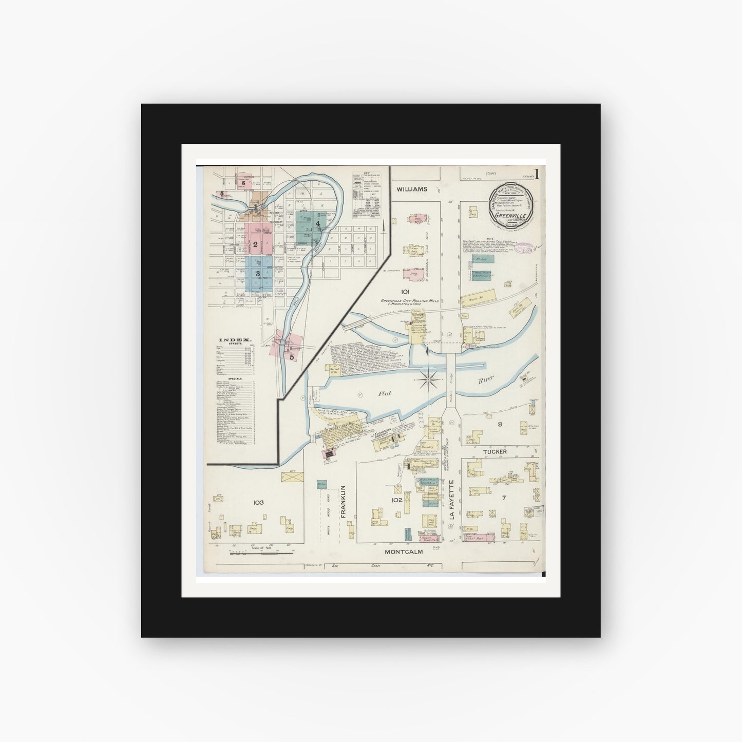 Old map wall art mockup — black gallery frame with white mat — Sanborn Fire Insurance Map from Greenville, Montcalm County, Michigan (1887) - Complete Map Set