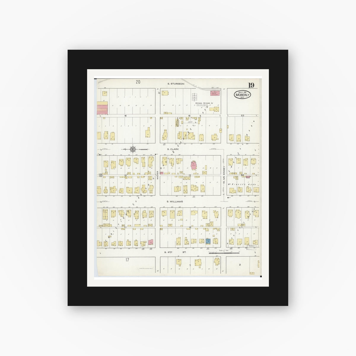 Old map wall art mockup — black gallery frame with white mat — Sanborn Fire Insurance Map from Moberly, Randolph County, Missouri (1916), Sheet #0019