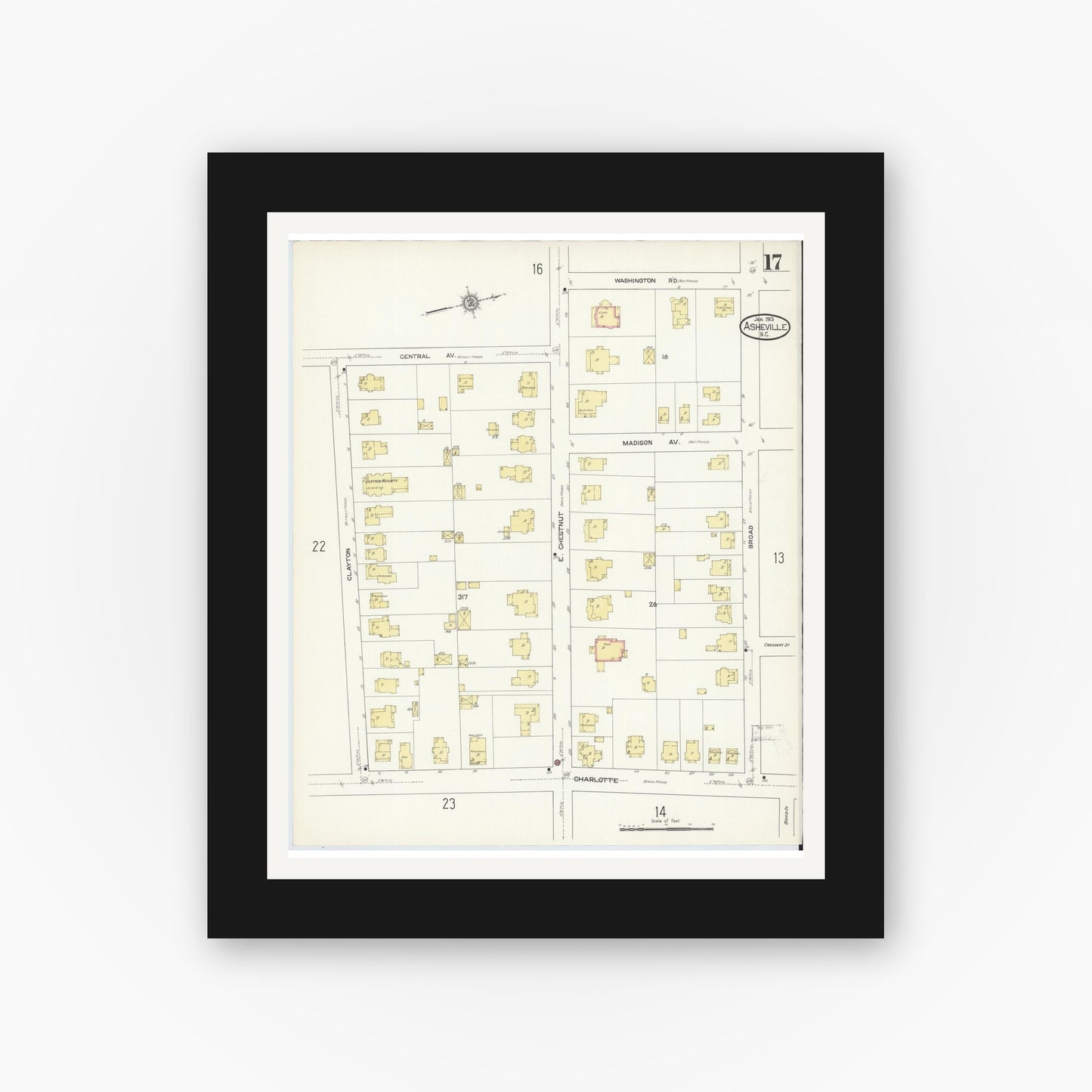 Old map wall art mockup — black gallery frame with white mat — Sanborn Fire Insurance Map from Asheville, Buncombe County, North Carolina (1913), Sheet #0017
