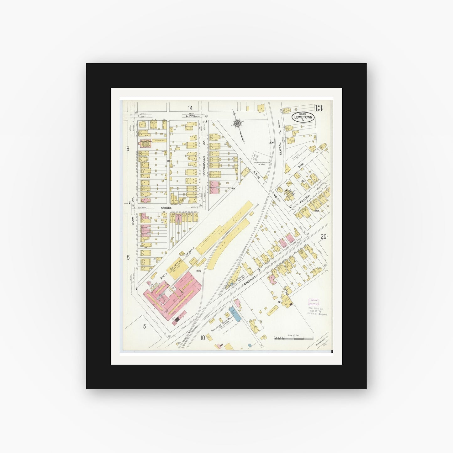 Old map wall art mockup — black gallery frame with white mat — Sanborn Fire Insurance Map from Lewistown, Mifflin County, Pennsylvania (1910), Sheet #0013
