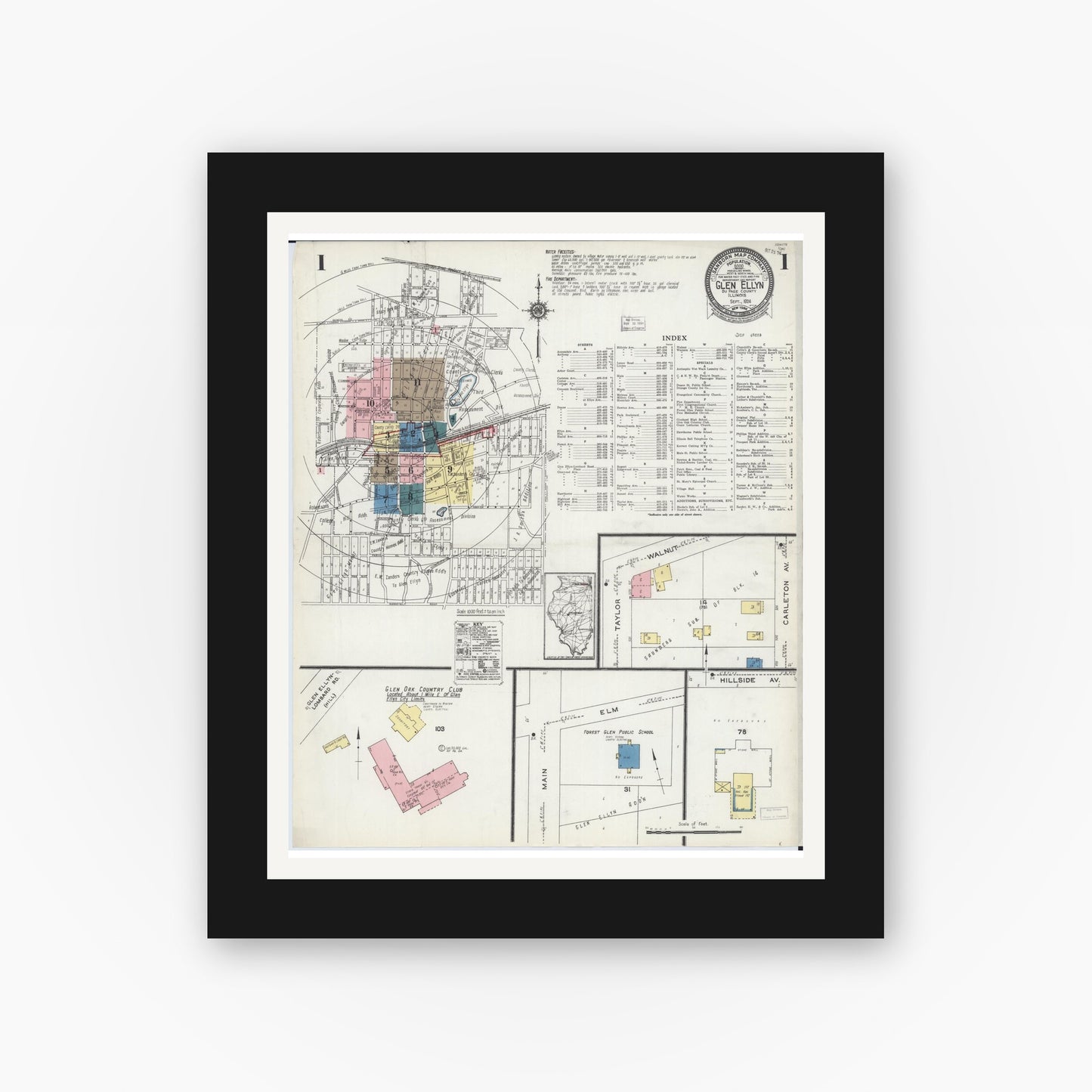 Old map wall art mockup — black gallery frame with white mat — Sanborn Fire Insurance Map from Glen Ellyn, Du Page County, Illinois (1924), Sheet #0001