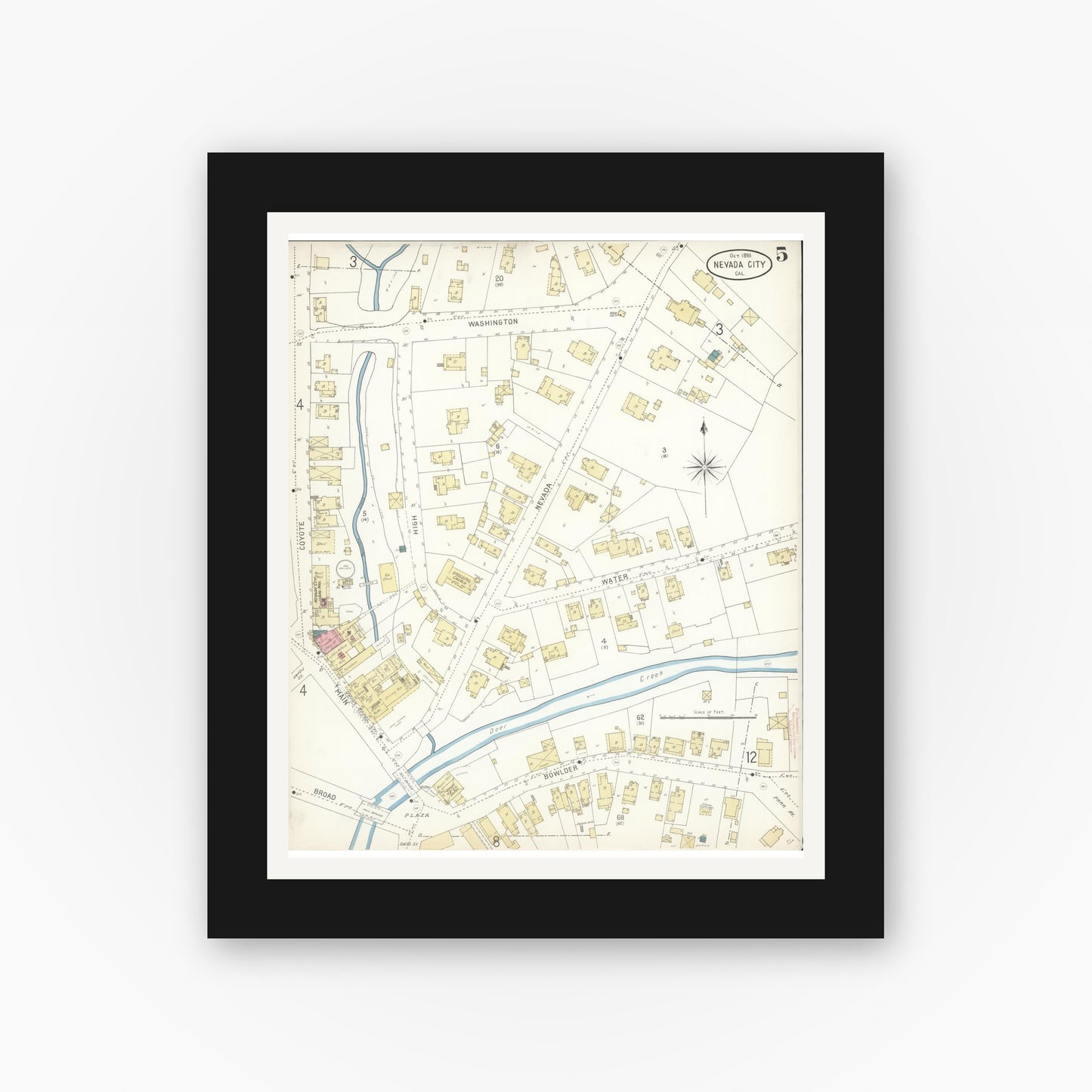 Old map wall art mockup — black gallery frame with white mat — Sanborn Fire Insurance Map from Nevada City, Nevada County, California (1898), Sheet #0005