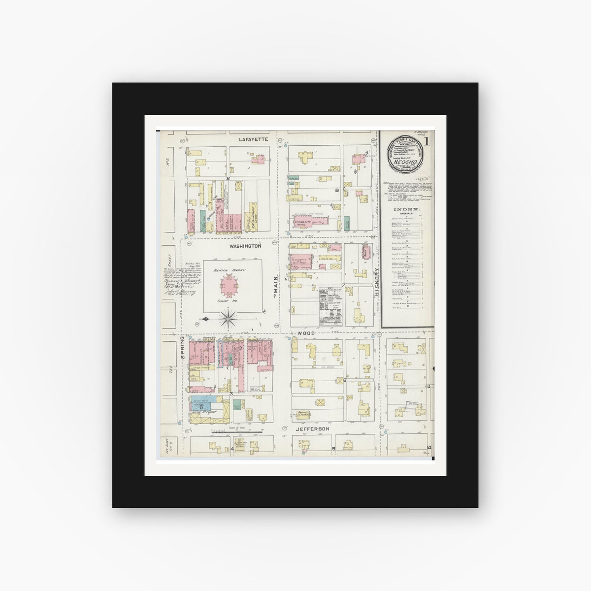 Old map wall art mockup — black gallery frame with white mat — Sanborn Fire Insurance Map from Neosho, Newton County, Missouri (1891) - Complete Map Set