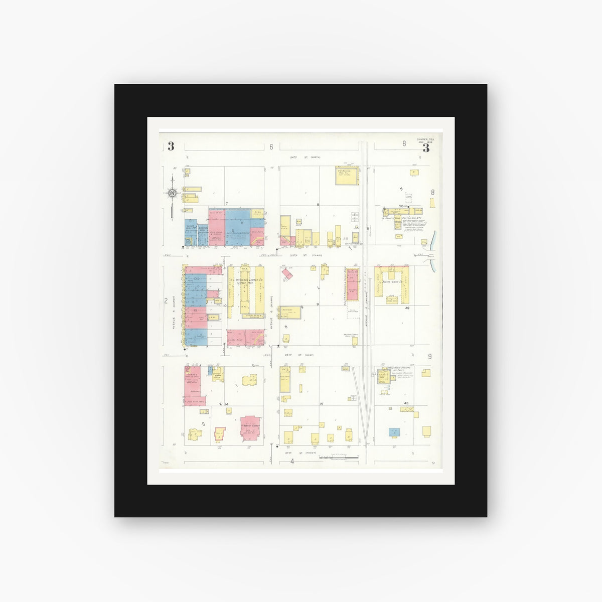 Old map wall art mockup — black gallery frame with white mat — Sanborn Fire Insurance Map from Snyder, Scurry County, Texas (1936), Sheet #0003