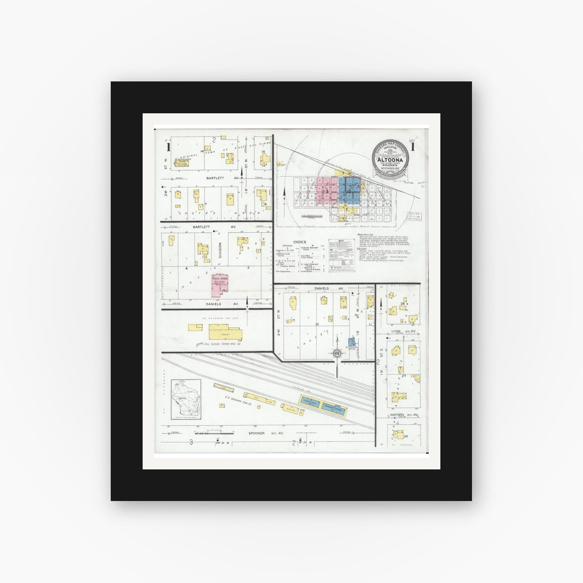 Old map wall art mockup — black gallery frame with white mat — Sanborn Fire Insurance Map from Altoona, Eau Claire County, Wisconsin (1930) - Complete Map Set