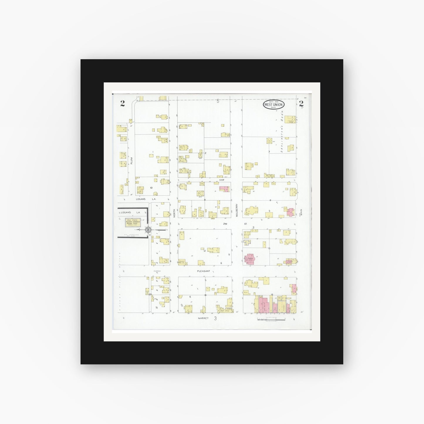 Old map wall art mockup — black gallery frame with white mat — Sanborn Fire Insurance Map from West Union, Adams County, Ohio (1930), Sheet #0002