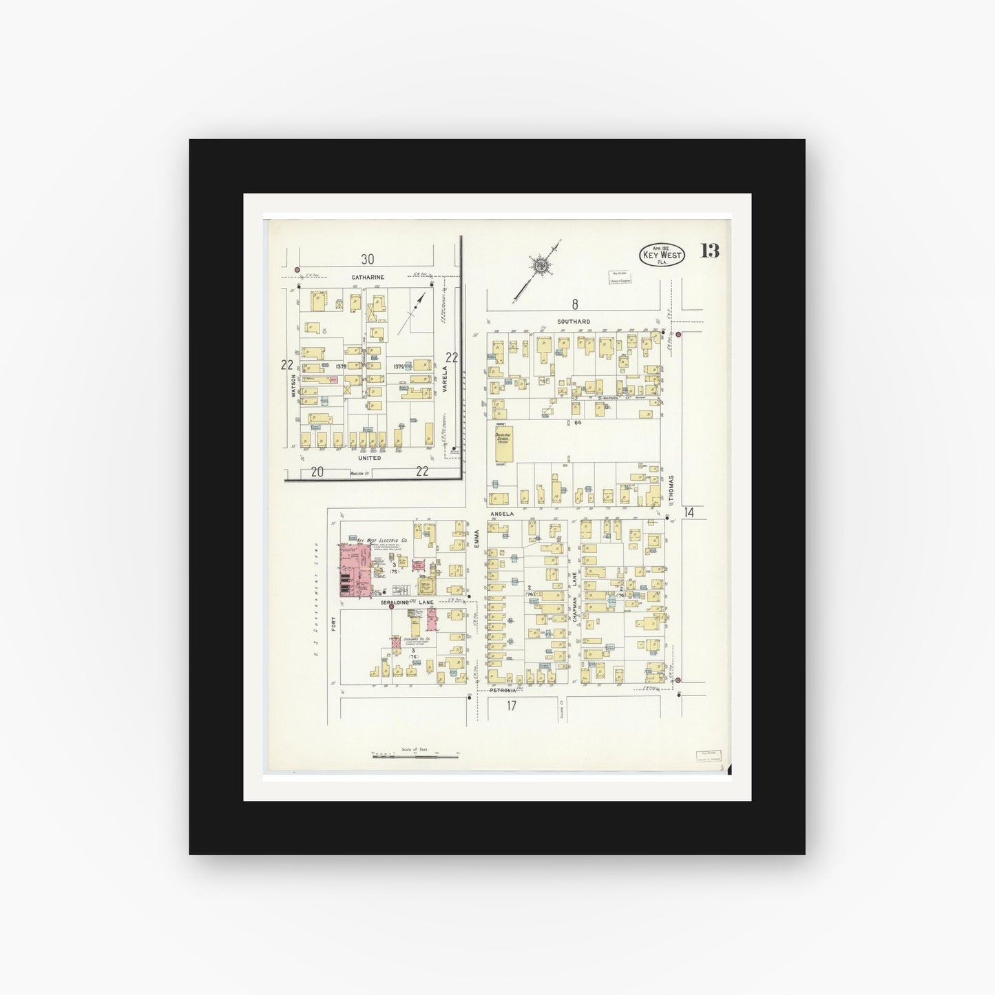 Old map wall art mockup — black gallery frame with white mat — Sanborn Fire Insurance Map from Key West, Monroe County, Florida (1912), Sheet #0013