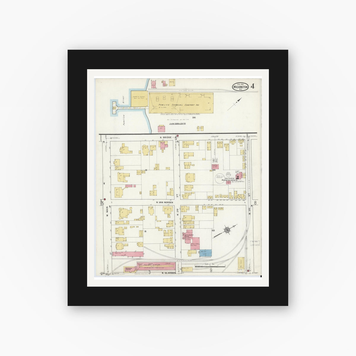Old map wall art mockup β black gallery frame with white mat β Sanborn Fire Insurance Map from Washington, Beaufort County, North Carolina (1916), Sheet #0004