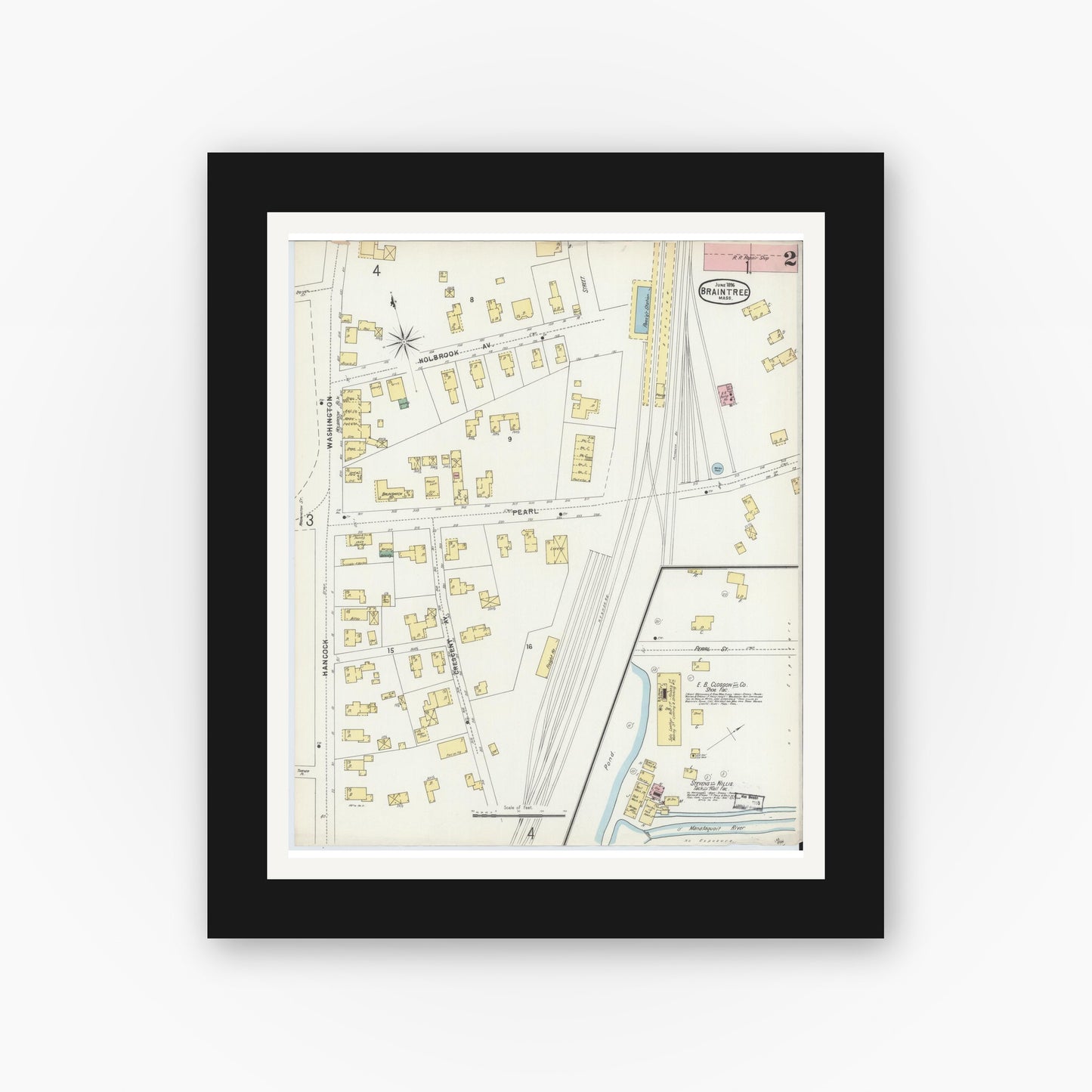 Old map wall art mockup — black gallery frame with white mat — Sanborn Fire Insurance Map from Braintree, Norfolk County, Massachusetts (1896), Sheet #0002
