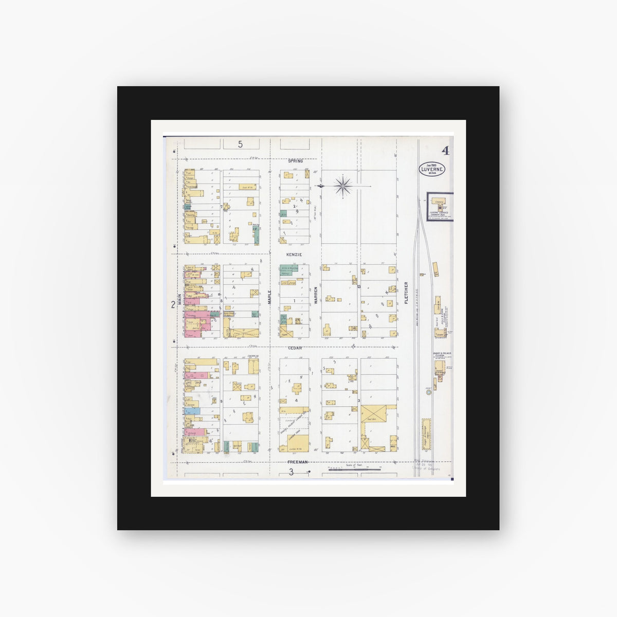 Old map wall art mockup — black gallery frame with white mat — Sanborn Fire Insurance Map from Luverne, Rock County, Minnesota (1900), Sheet #0004