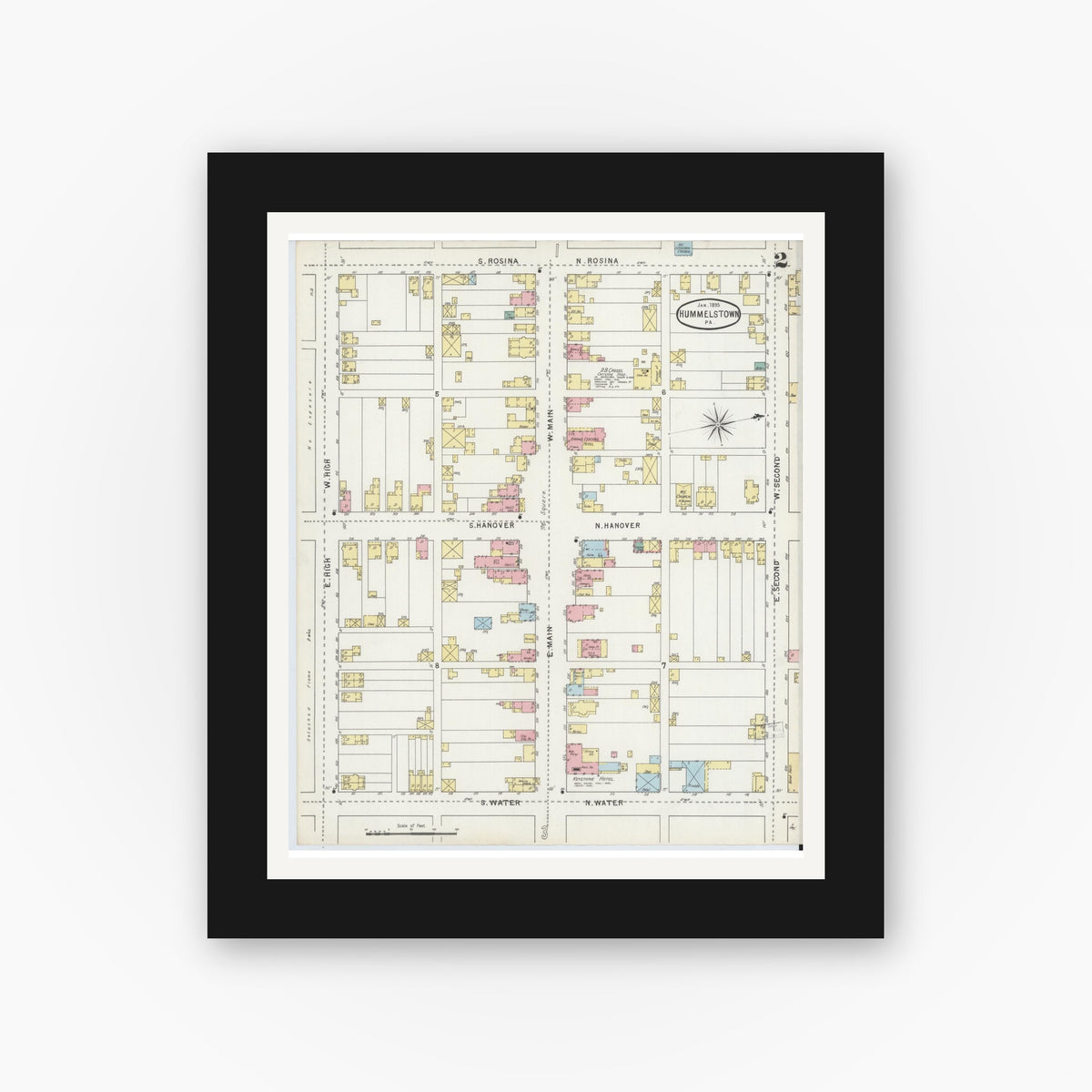 Old map wall art mockup β black gallery frame with white mat β Sanborn Fire Insurance Map from Hummelstown, Dauphin County, Pennsylvania (1895), Sheet #0002