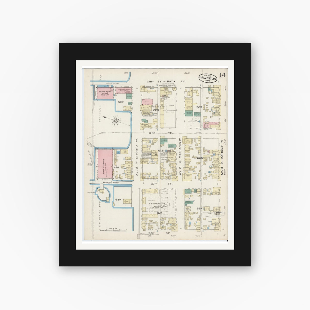 Old map wall art mockup — black gallery frame with white mat — Sanborn Fire Insurance Map from Galveston, Galveston County, Texas (1885), Sheet #0014