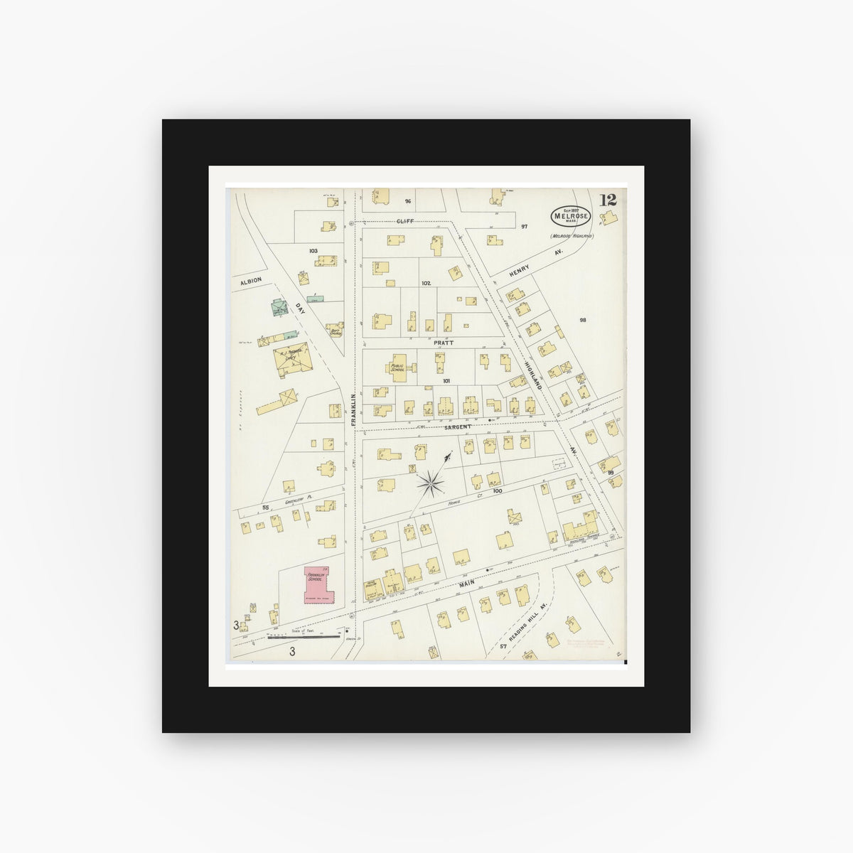 Old map wall art mockup — black gallery frame with white mat — Sanborn Fire Insurance Map from Melrose, Middlesex County, Massachusetts (1897), Sheet #0012
