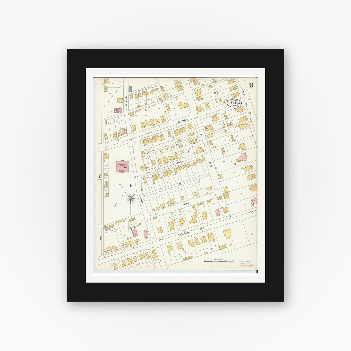 Old map wall art mockup — black gallery frame with white mat — Sanborn Fire Insurance Map from Salem, Columbiana County, Ohio (1903), Sheet #0009