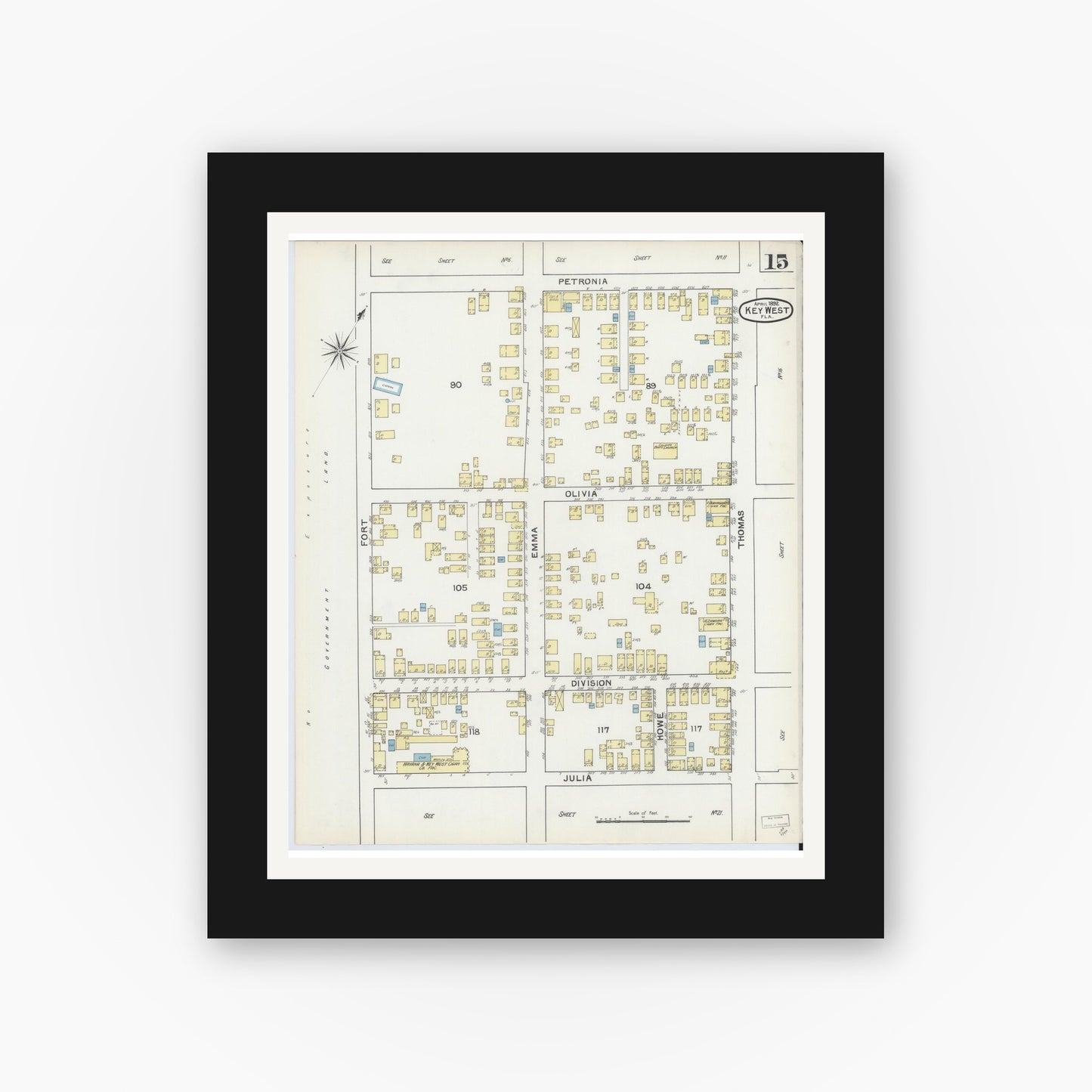 Old map wall art mockup — black gallery frame with white mat — Sanborn Fire Insurance Map from Key West, Monroe County, Florida (1892), Sheet #0015