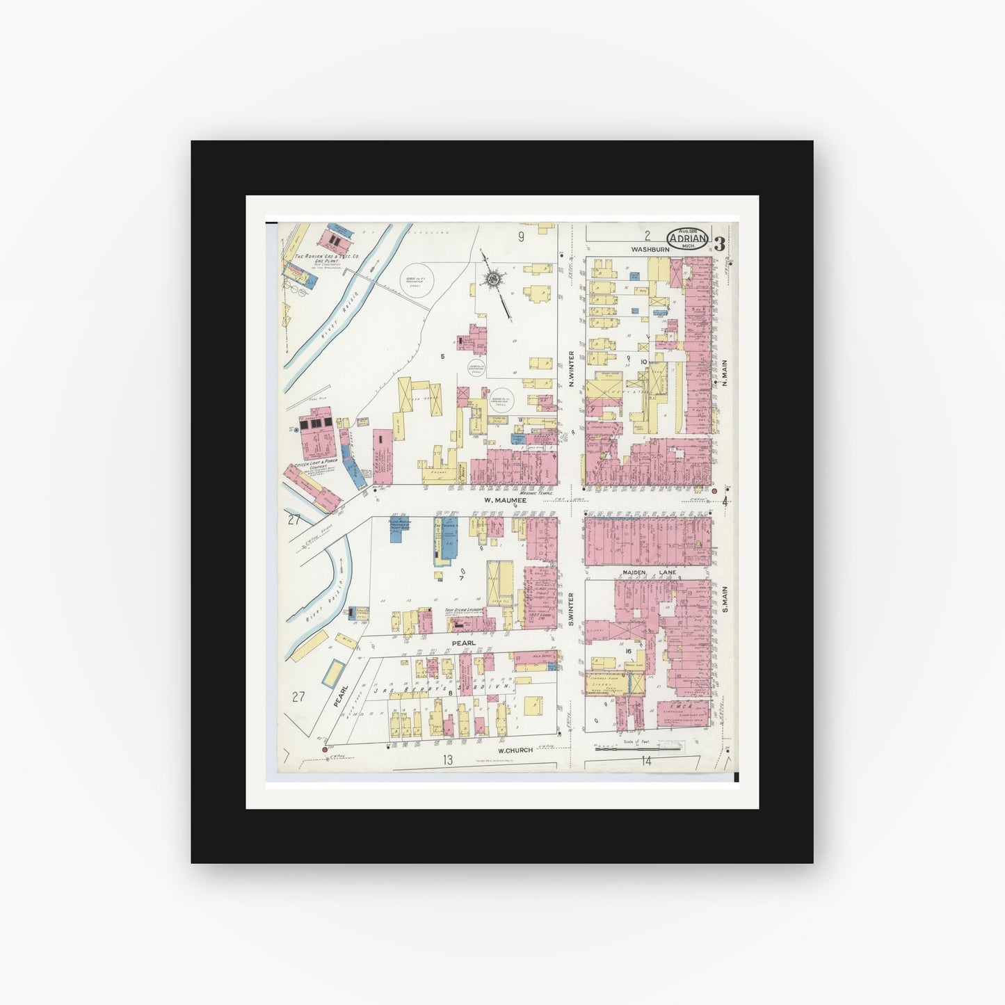Old map wall art mockup — black gallery frame with white mat — Sanborn Fire Insurance Map from Adrian, Lenawee County, Michigan (1916), Sheet #0003