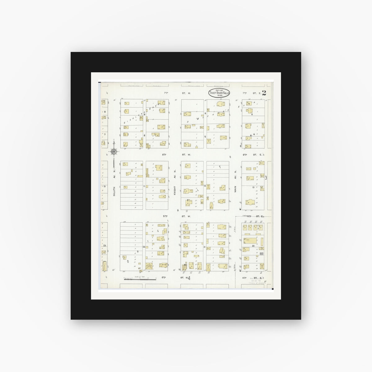 Old map wall art mockup — black gallery frame with white mat — Sanborn Fire Insurance Map from Thief River Falls, Pennington County, Minnesota (1912), Sheet #0002