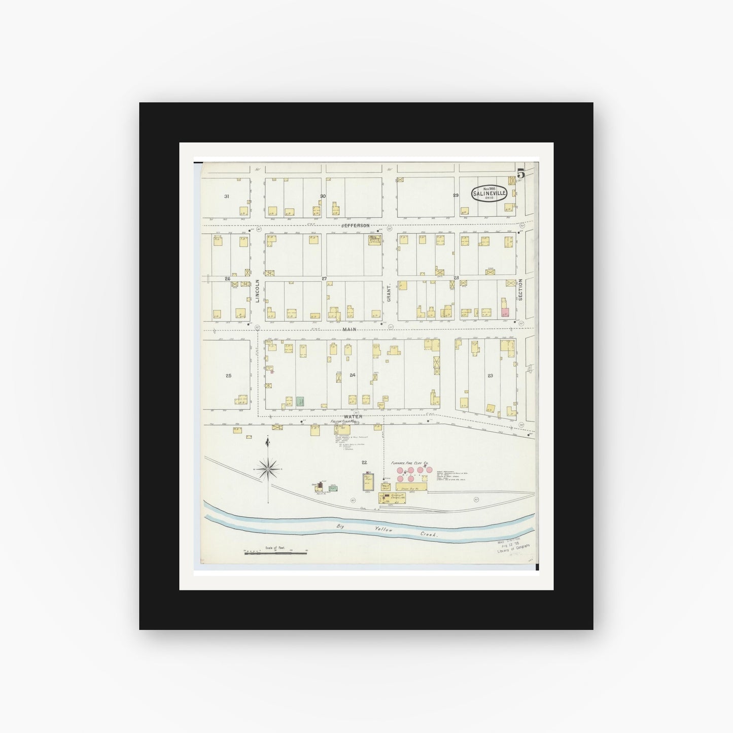 Old map wall art mockup — black gallery frame with white mat — Sanborn Fire Insurance Map from Salineville, Columbiana County, Ohio (1895), Sheet #0005
