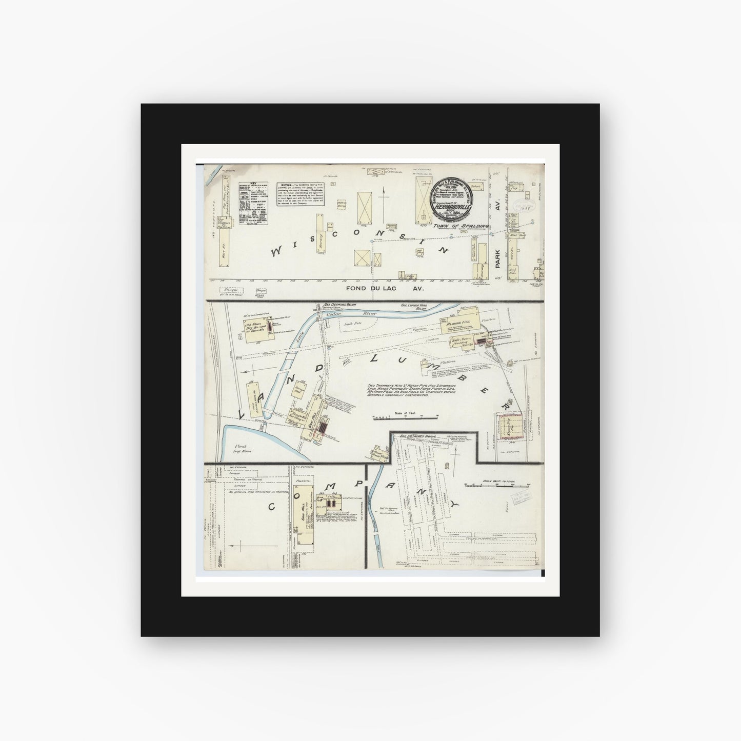 Old map wall art mockup — black gallery frame with white mat — Sanborn Fire Insurance Map from Hermansville, Menominee County, Michigan (1884), Sheet #0001