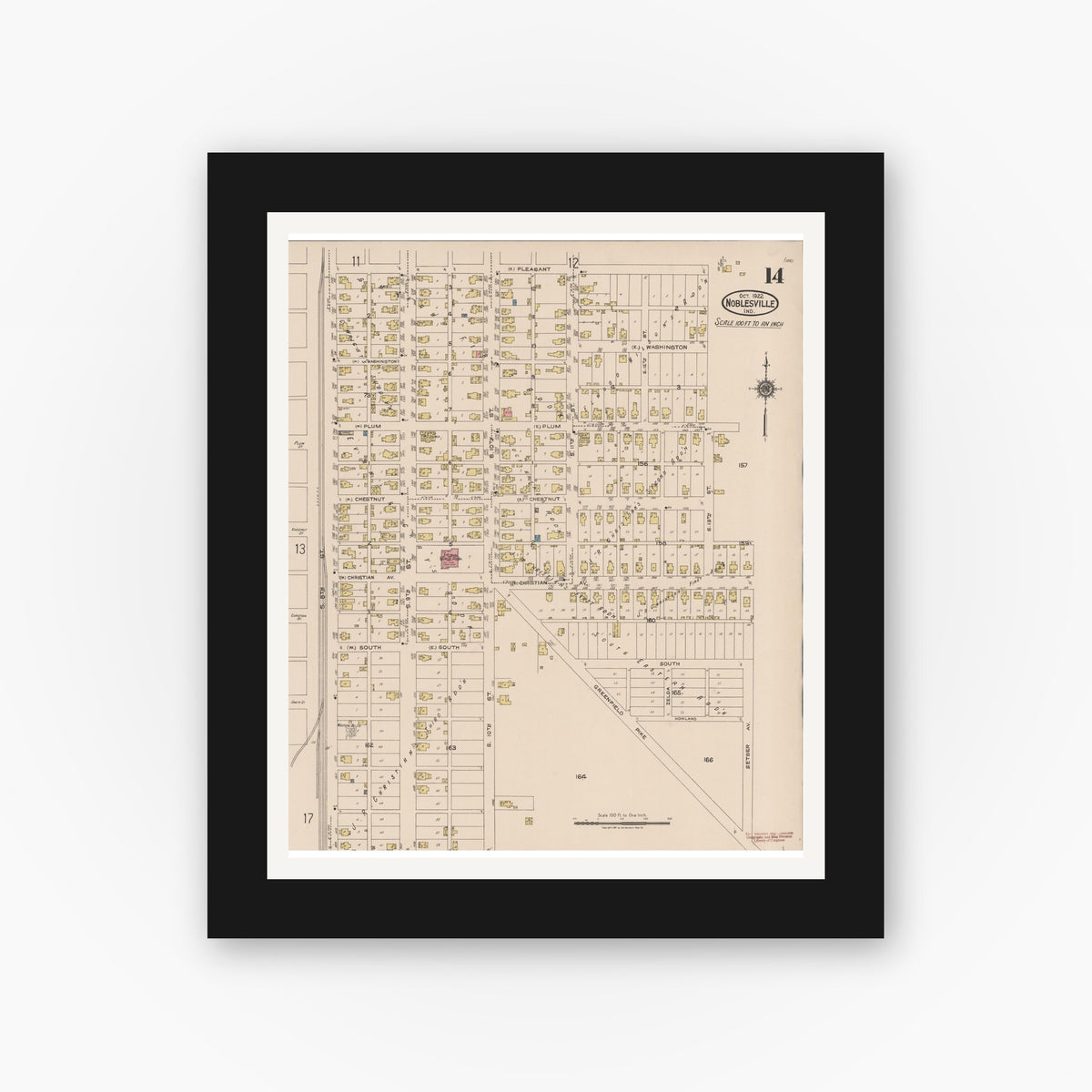 Old map wall art mockup — black gallery frame with white mat — Sanborn Fire Insurance Map from Noblesville, Hamilton County, Indiana (1922), Sheet #0014